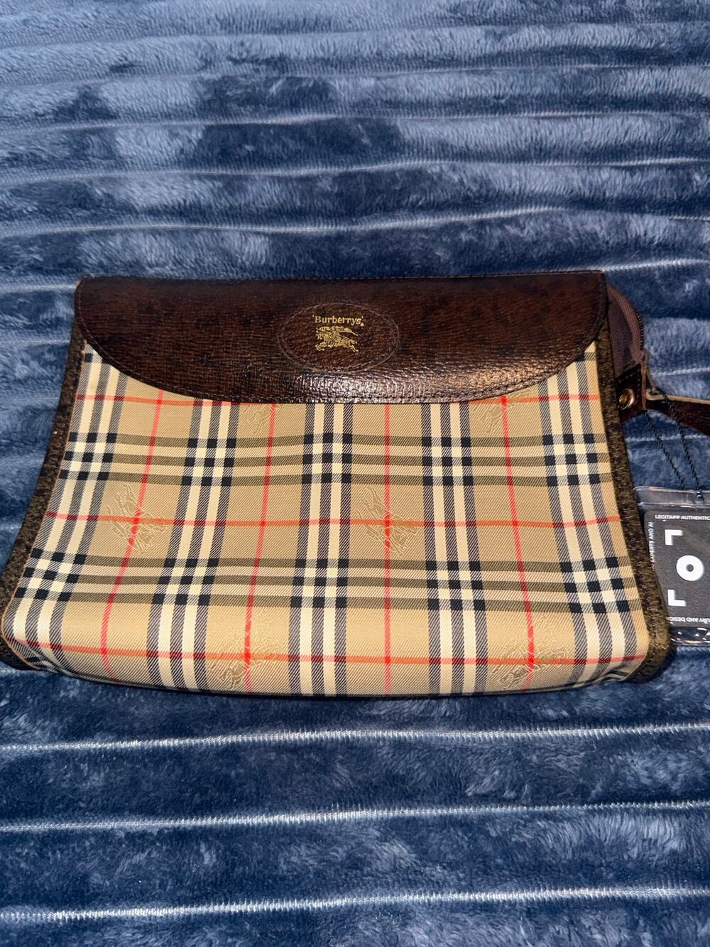 Vintage Burberrys Nova Check Canvas Leather Trim Foldover Snap Pouch Clutch Bag